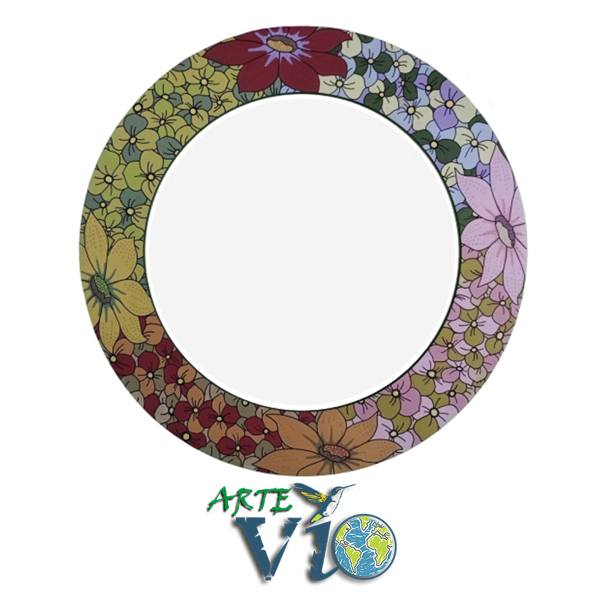 Hortensias - Pintura Artística Sobre Madera Importada - Espejo Biselado - Diámetro 98 cm.