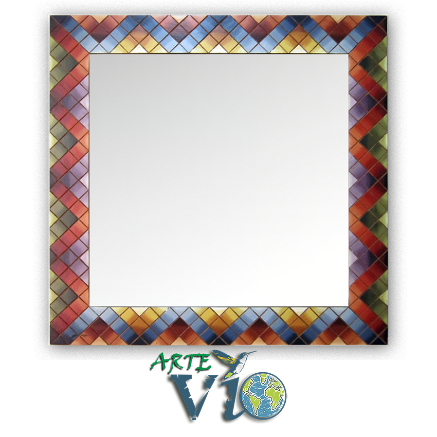 Multicolor - Cuadrado - 60 x 60 cm - Talla y Pintura sobre Madera Legal - Espejo Doble