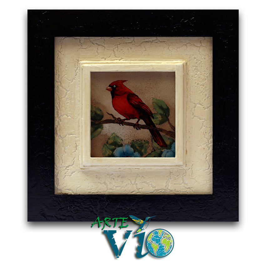 Cardenal Americano - Cuadro Pintado en Reverso del Vidrio con Efecto Mágico de Destellos - 23.5 x 23.5 cm - Marco Acabado Personalizado
