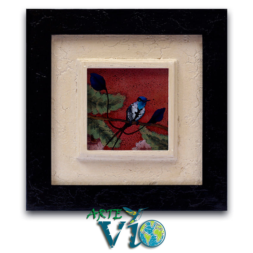 Colibrí Maravilloso - Cuadro Pintado en Reverso del Vidrio con Efecto Mágico de Destellos - 23.5 x 23.5 cm - Marco Acabado Personalizado