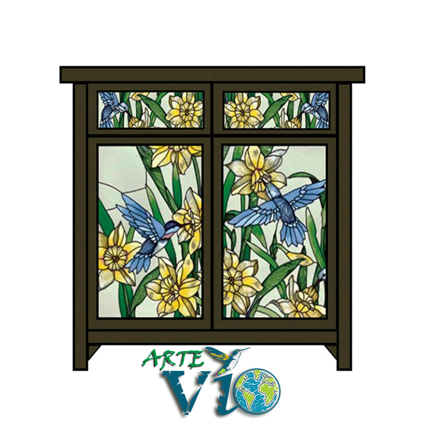 Gabinete Colibríes - Arte en Reverso del Vidrio - Madera Importada - Colores Personalizados - Medidas Ajustables