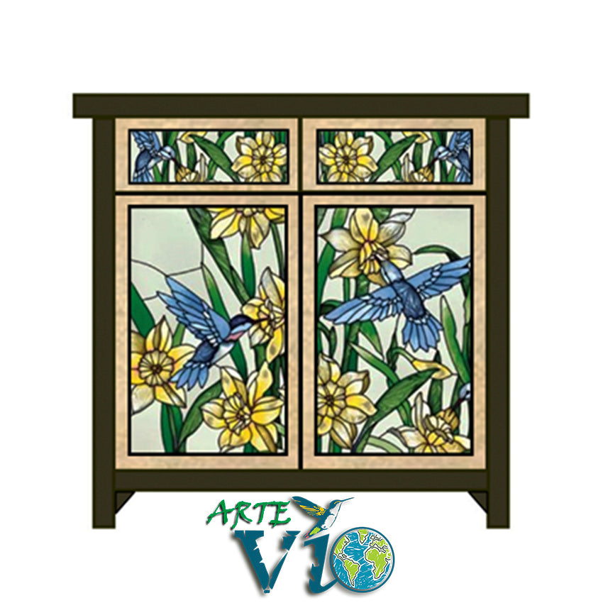 Gabinete Colibríes - Arte en Reverso del Vidrio - Madera Importada - Colores Personalizados - Medidas Ajustables