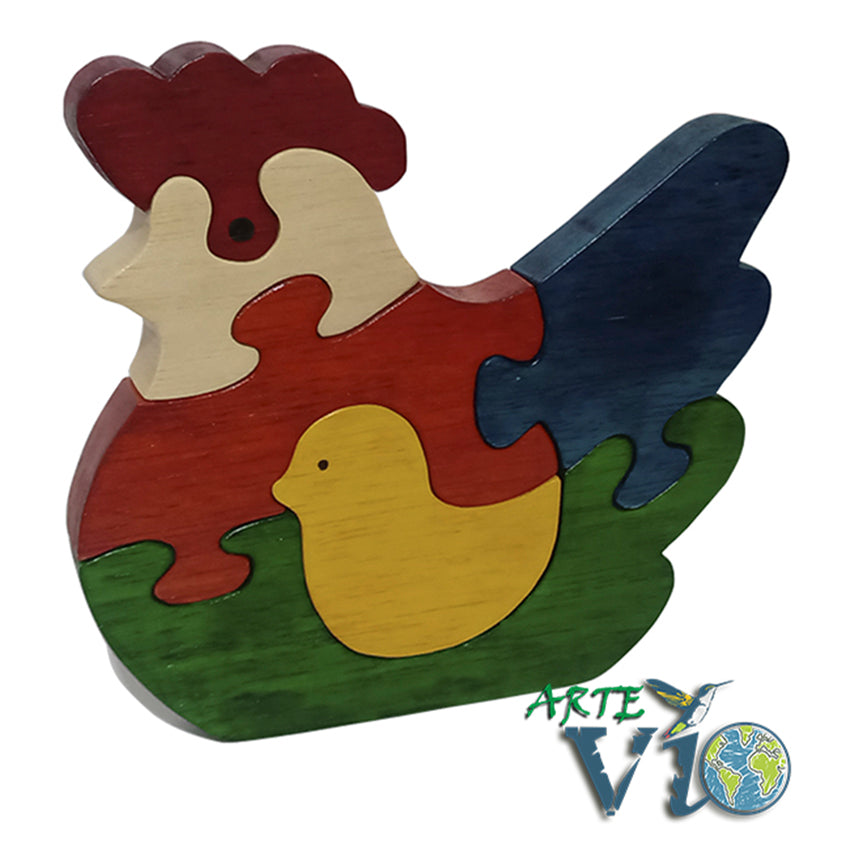 Gallina con Pollito - Rompecabeza Tridimensional - Desarmable de 6 Piezas - Altura 16 cm.