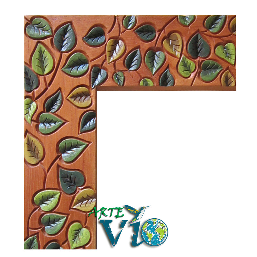 Hojas de Otoño - Rectangular 90 x 65 cm - Talla y Pintura Fina sobre Madera Legal - Espejo Biselado
