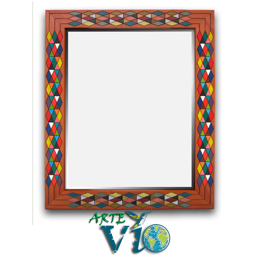 Espejo Rombos Multicolor – Rectangular 76 x 61 cm - Talla y Pintura sobre Madera Legal - Espejo Doble