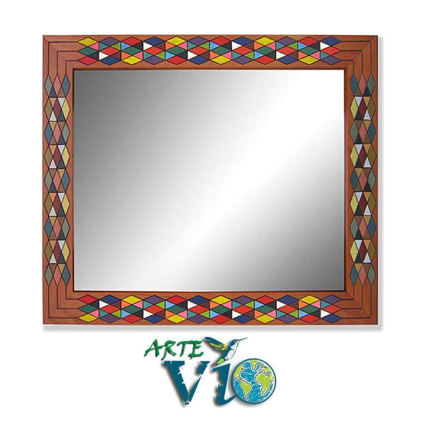 Espejo Rombos Multicolor – Rectangular 76 x 61 cm - Talla y Pintura sobre Madera Legal - Espejo Doble