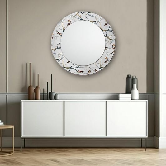 Gorriones en Mi Pared – Espejo Moderno Sobre Madera Sostenible – Espejo Biselado – Diámetro 98 cm.